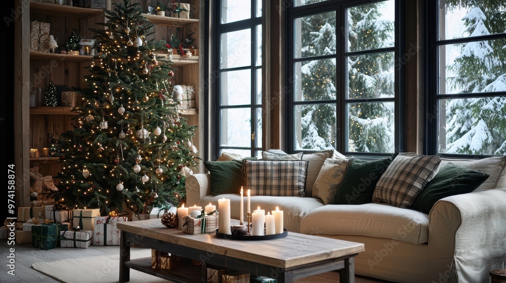 Christmas tree and gifts, decorated home for Xmas holiday, living room interior Christmas tree and gifts, decorated home for Xmas holiday, living room interior