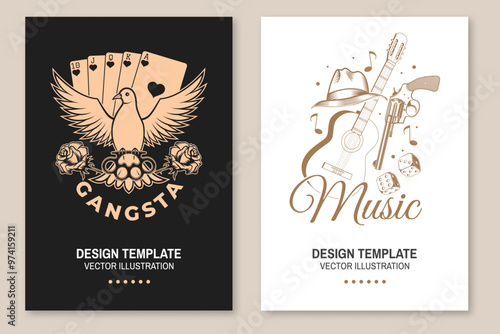 Lucky and Music poster. Vintage print, logo, badge design with rose, dove holding knuckle and poker playing card, silhouette. Vector illustration.