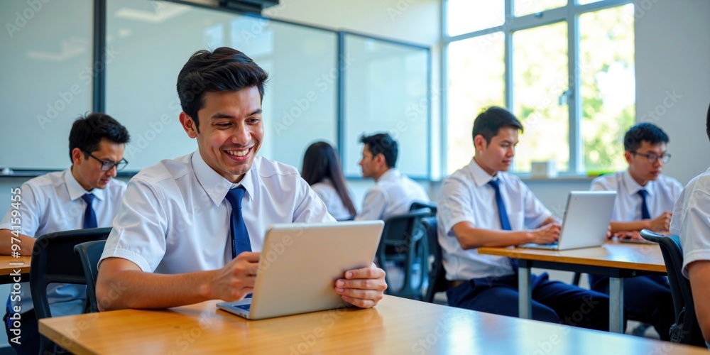 Happy Indian Male Student Engaging with Digital Tablet in Classroom Environment Happy Indian Male Student Engaging with Digital Tablet in Classroom Environment