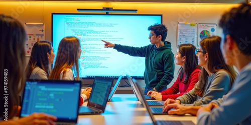 Indian Student Presenting Programming Code to Peers in Interactive Classroom Setting