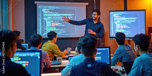 Indian Male Programming Teacher Explains Coding to Engaged Students in Tech Classroom