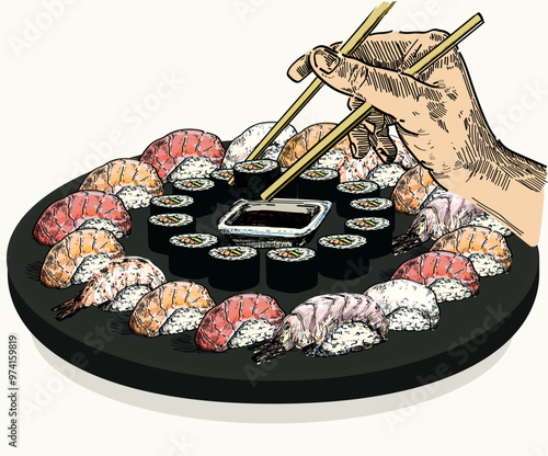 hand person holding luxury sushi dinner on big round lava plate dark delicious food asian japanees restaurant dish draw linear illustration isolated on white background