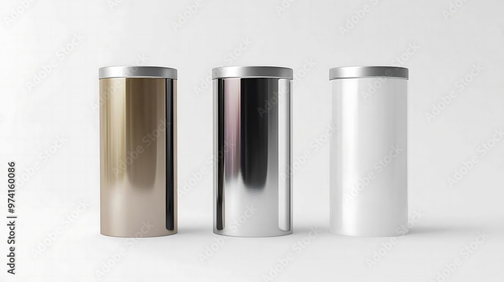 Three Metallic Cans with Silver Lids Mockup Three Metallic Cans with Silver Lids Mockup
