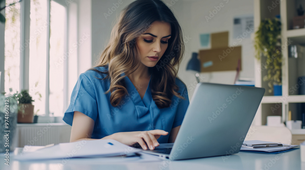 Lady doctor wearing blue dress doing job on laptop Lady doctor wearing blue dress doing job on laptop