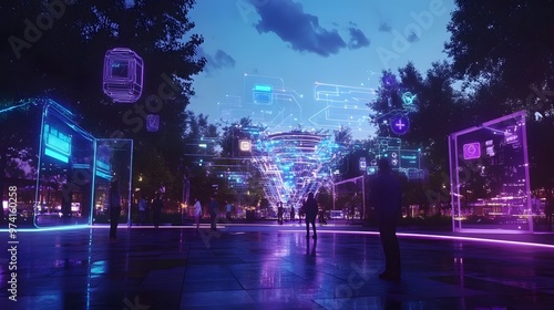 A futuristic digital park where citizens enjoy augmented reality entertainment powered by blockchain-secured IoT devices