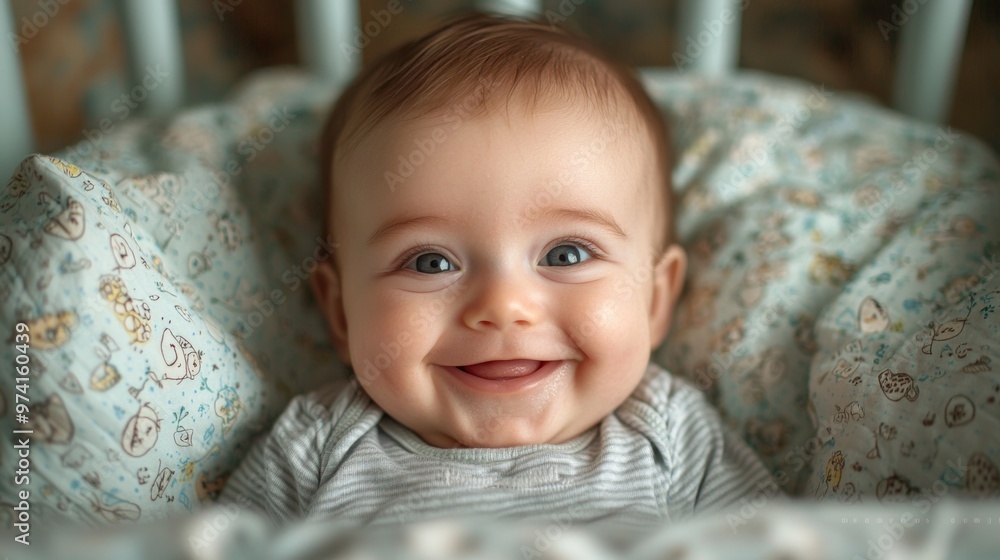 Happy Baby Smiling in Crib with Soft Bedding Happy Baby Smiling in Crib with Soft Bedding