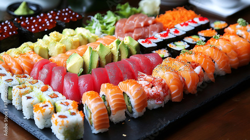 Assorted Sushi Rolls on Black Slate Plate