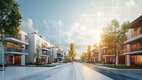 A high-tech residential district where blockchain ensures secure home environments, and IoT powers smart living solutions photo