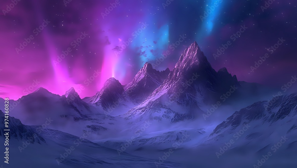 Majestic mountain peaks rise against a breathtaking backdrop of vibrant aurora borealis. Majestic mountain peaks rise against a breathtaking backdrop of vibrant aurora borealis.