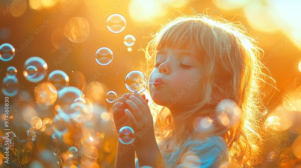Happy Child Blowing Bubbles in Golden Sunlight Happy Child Blowing Bubbles in Golden Sunlight
