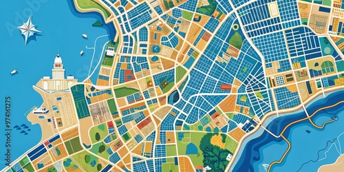 Detailed map of Beirut, Lebanon, highlighting major roads, landmarks, and neighborhoods, set against a vibrant blue photo