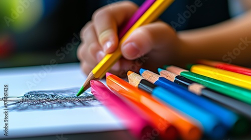 Close up of Child s Hand Drawing with Colored Pencils