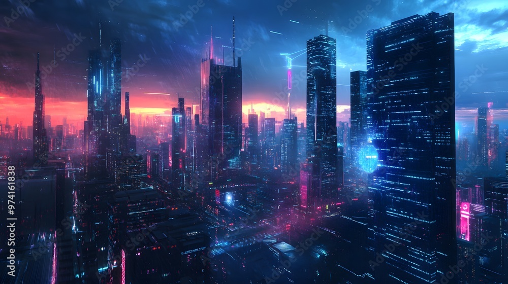 Fototapeta premium A panoramic view of a futuristic urban skyline where data flows through IoT-powered infrastructure and blockchain secures every activity