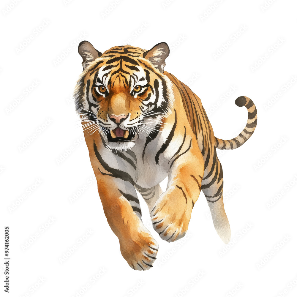 Fototapeta premium A fierce tiger running with intensity and grace, showcasing its majestic beauty and strength in a vibrant illustration.