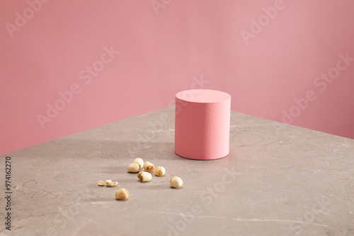 beautiful cute pink peach colour with grey marble 3d background with wood block plate smoke flower and tea pot glass feather for product photo shooting lighting studio room stage design menu mooncake