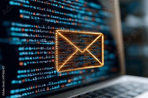 Digital email icon on computer screen with code, representing cybersecurity and phishing protection. This image emphasizes importance of strengthening email filters to block phishing attempts photo