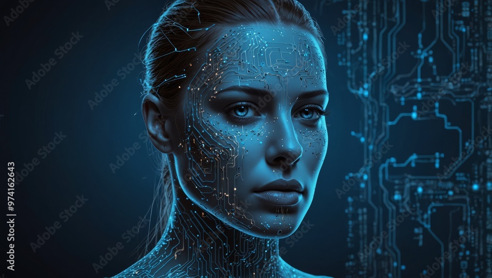 Big data and artificial intelligence concept. Machine learning and cyber mind domination concept in form of women face outline outline with circuit board and binary data flow on blue background Big data and artificial intelligence concept. Machine learning and cyber mind domination concept in form of women face outline outline with circuit board and binary data flow on blue background