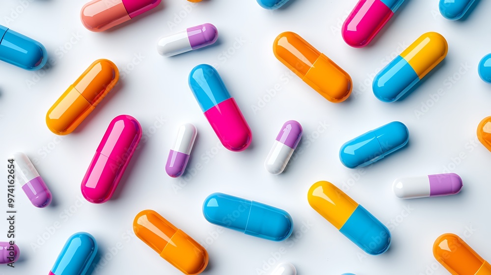 Bright capsules sit on a white background, showcasing the intersection of medicine and pharmacy. Bright capsules sit on a white background, showcasing the intersection of medicine and pharmacy.