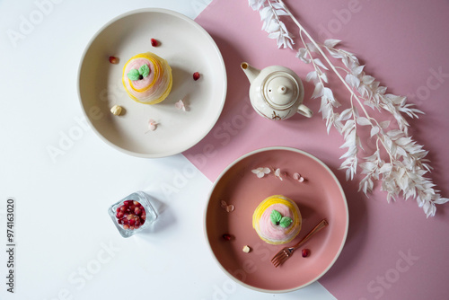 beautiful cute pink and yellow traditional teo chew layer crispy yam mooncake fruit young design on white table flower halal festival food menu for asian pastry cake cafe shop premium hotel restaurant photo