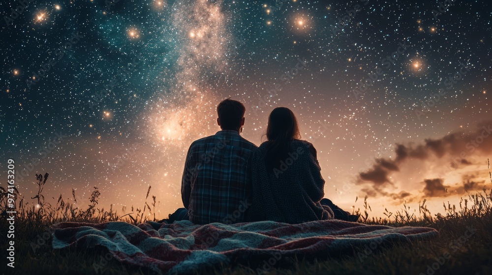 Couple Silhouettes Admire Night Sky Milky Way Stars Couple Silhouettes Admire Night Sky Milky Way Stars