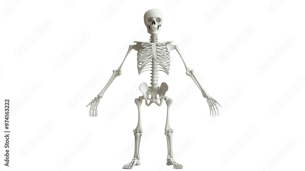 A skeleton model stands upright, showcasing human bone structure for learning and study A skeleton model stands upright, showcasing human bone structure for learning and study