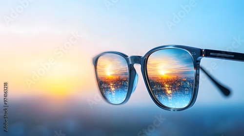 Sunglasses reflecting a stunning sunset over a city. Perfect for showcasing style and scenic beauty.