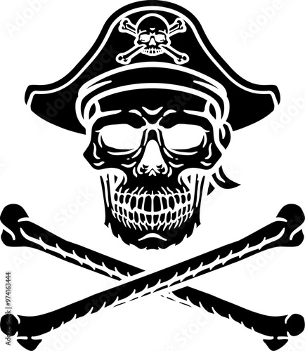 A pirate skull and crossbones jolly roger grim reaper cartoon wearing captain a hat and eye patch