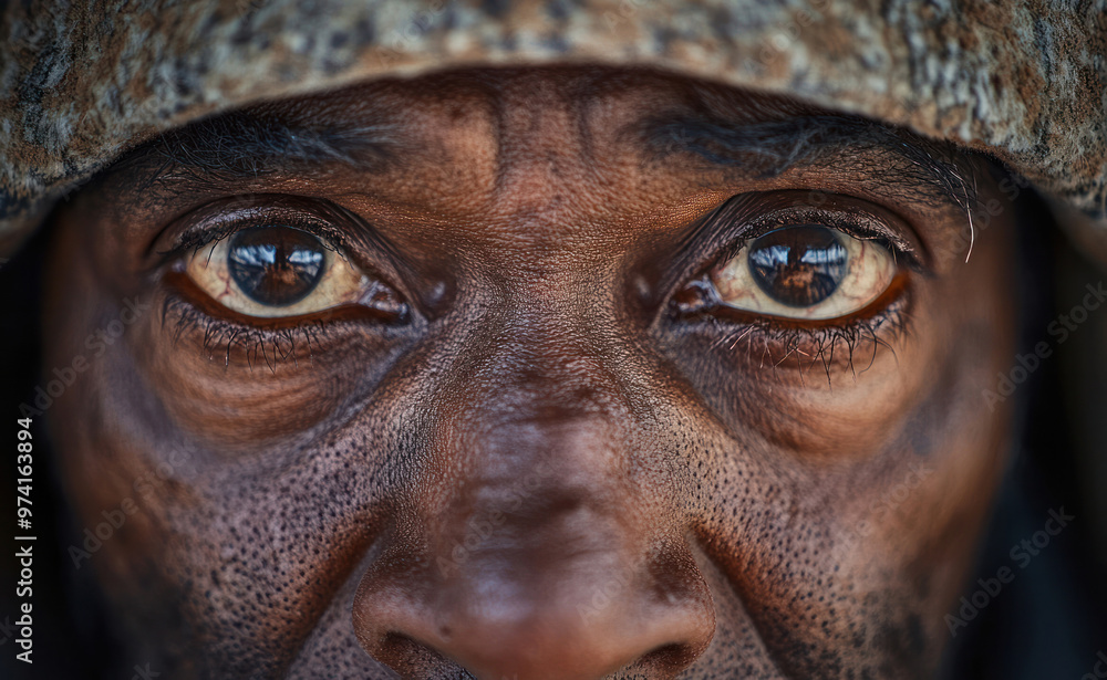 A close-up of a homeless black person’s face, weathered and tired, but with eyes full of resilience, detailed focus A close-up of a homeless black person’s face, weathered and tired, but with eyes full of resilience, detailed focus