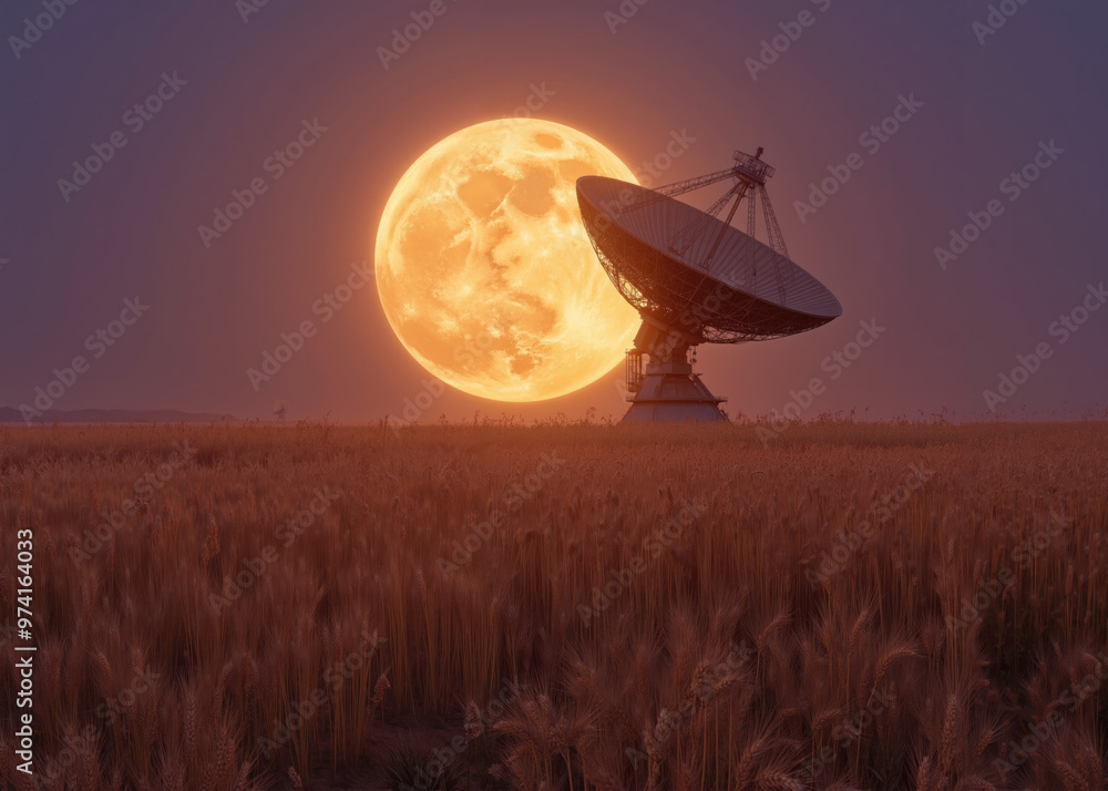 Large Satellite Dish Antenna Aligned with Full Moon in Night Sky - Astronomical Observation, Space Technology, and Lunar Phenomenon Large Satellite Dish Antenna Aligned with Full Moon in Night Sky - Astronomical Observation, Space Technology, and Lunar Phenomenon