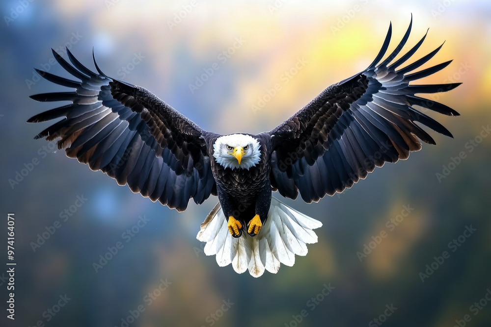 A large eagle is flying through the sky with its wings spread wide. Concept of freedom and power, as the eagle soars high above the ground. The eagle's sharp eyes A large eagle is flying through the sky with its wings spread wide. Concept of freedom and power, as the eagle soars high above the ground. The eagle's sharp eyes