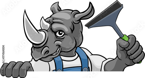 A rhino cartoon mascot car or window cleaner holding a squeegee tool peeking round a sign