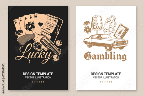Lucky Gangster poster. Gambling vintage print, logo, badge design with car, slot machines, two dice, poker playing card. Vector.