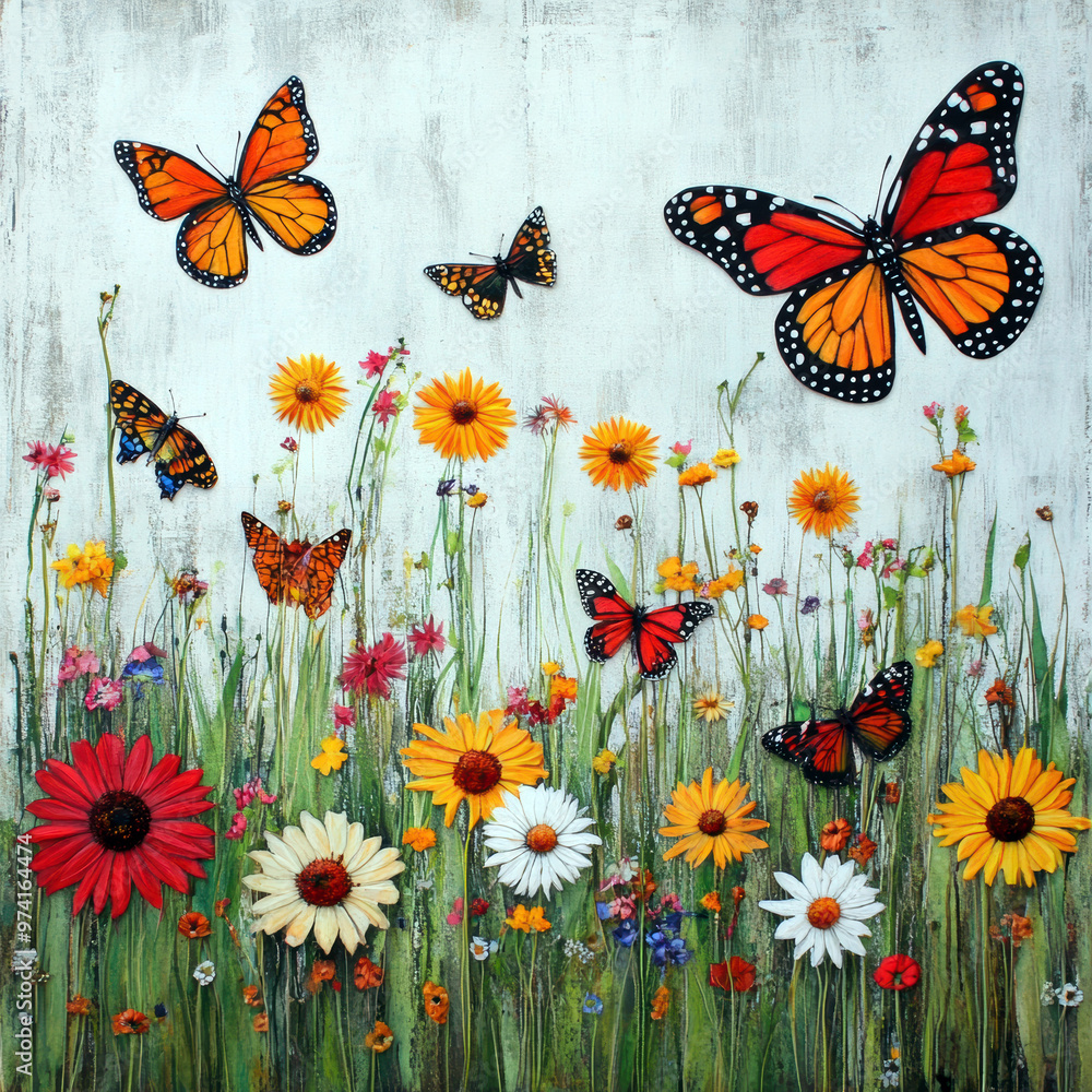 A painting of a field of flowers with butterflies flying around. The butterflies are orange and black, and there are at least five of them in the painting. The flowers are of various colors A painting of a field of flowers with butterflies flying around. The butterflies are orange and black, and there are at least five of them in the painting. The flowers are of various colors