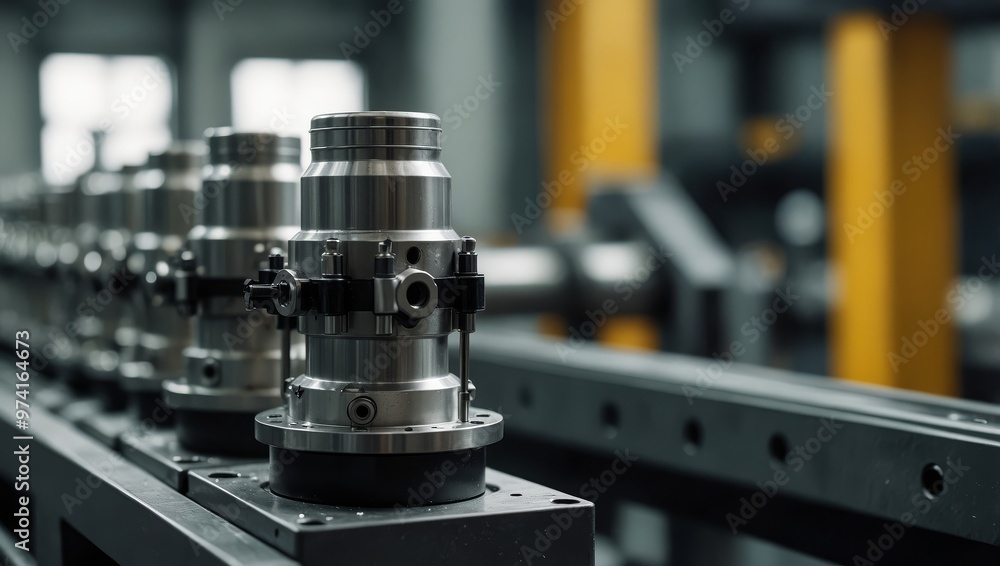 Close-up of industrial machinery with precise mechanical components and metal parts in a factory setting, showcasing engineering and technology Close-up of industrial machinery with precise mechanical components and metal parts in a factory setting, showcasing engineering and technology