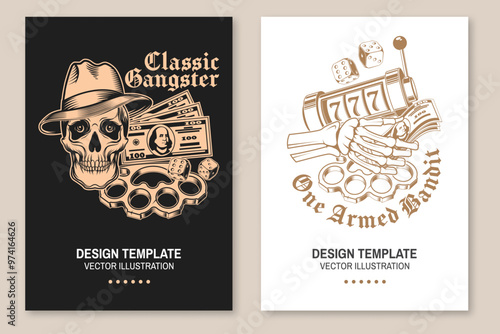 Set of gangster design. Vintage print, logo, badge design with retro car, poker playing card, casino chips, slot machines, two dice, knuckle, gun and guitar. Vector illustration.