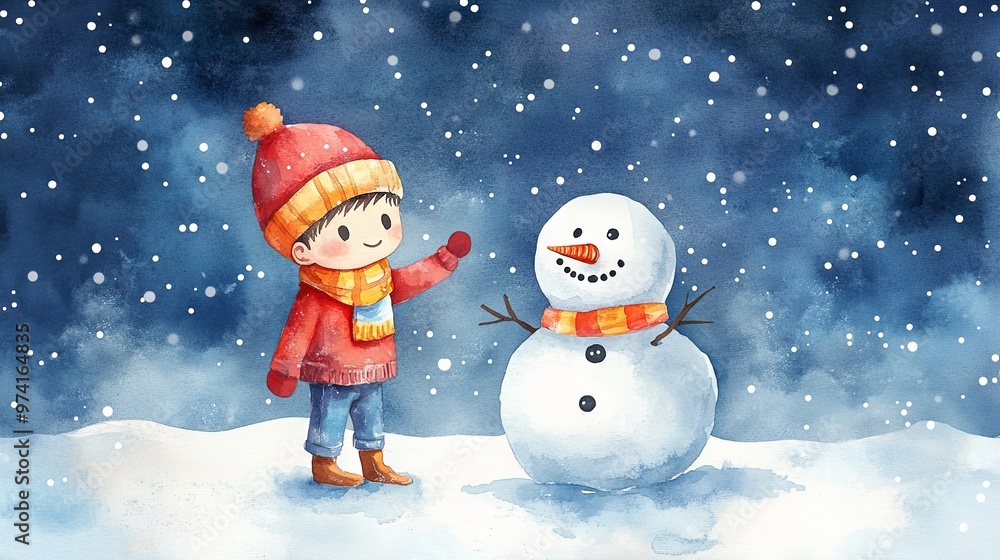 Fototapeta premium Cartoon boy with snowman in the evening 