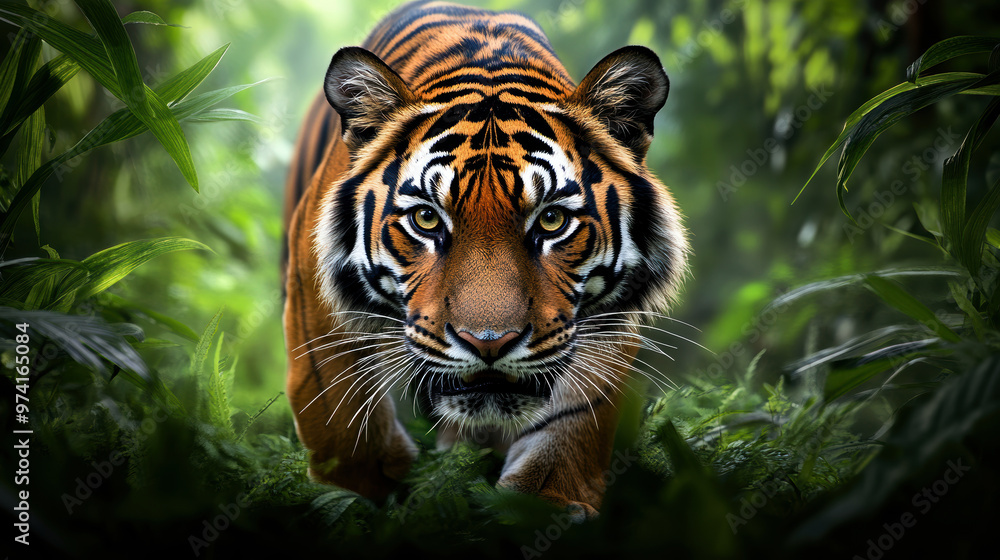 Fototapeta premium A tiger is walking through a lush green jungle. The tiger is the main focus of the image, and it is walking confidently through the dense foliage. The jungle setting creates a sense of adventure
