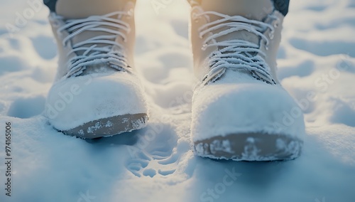 Close-up of two snow-covered boots on snowy ground, focus on the texture of the snow and the boots. photo