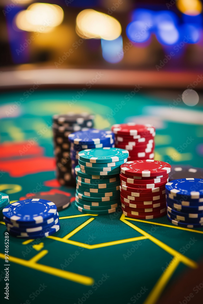 Poker chips on a casino table. Gambling chips. Gambling concept Poker chips on a casino table. Gambling chips. Gambling concept