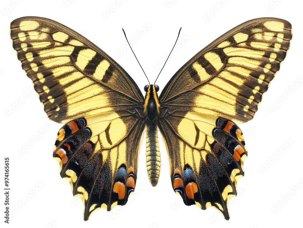 Obraz premium Yellow and brown butterfly with detailed wings on a transparent background and copy space for text