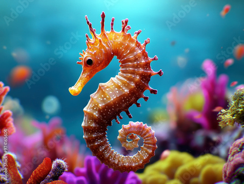 A small brown and white sea creature with a long tail is swimming in a colorful coral reef. Concept of tranquility and beauty, as the vibrant colors of the coral