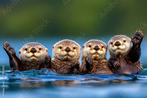 Four baby otters are swimming in the water and waving at the camera. The scene is playful and joyful, capturing the innocence and curiosity of young animals photo