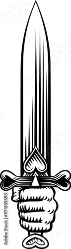A hand holding a sword or dagger medieval weapon design illustration in a vintage woodcut retro tattoo style