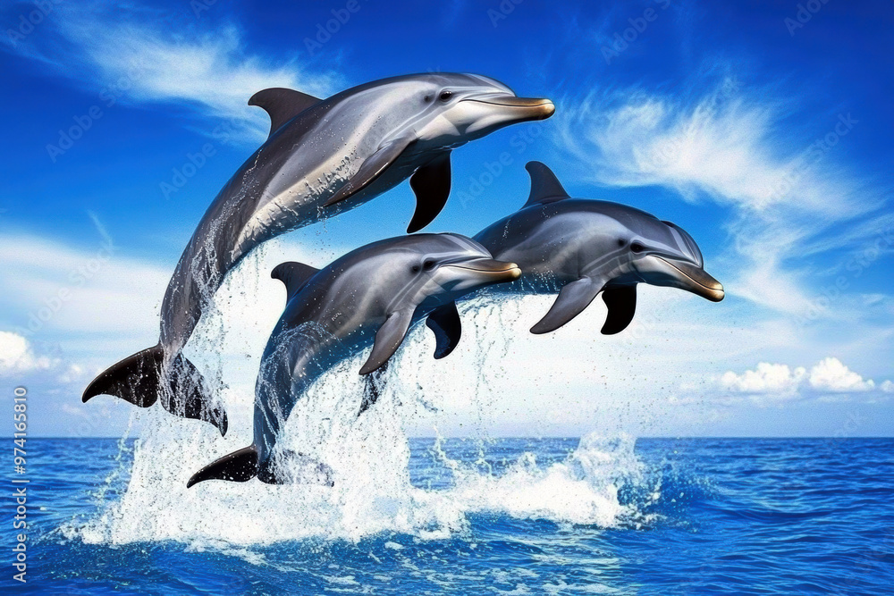 Three dolphins are leaping out of the water in a blue ocean. Scene is joyful and playful, as the dolphins seem to be having fun and enjoying their time in the water Three dolphins are leaping out of the water in a blue ocean. Scene is joyful and playful, as the dolphins seem to be having fun and enjoying their time in the water