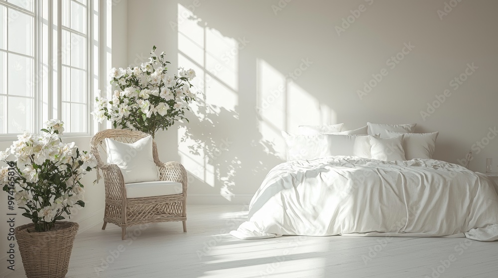 White Bedroom Interior Design with Wicker Furniture and Flowers White Bedroom Interior Design with Wicker Furniture and Flowers