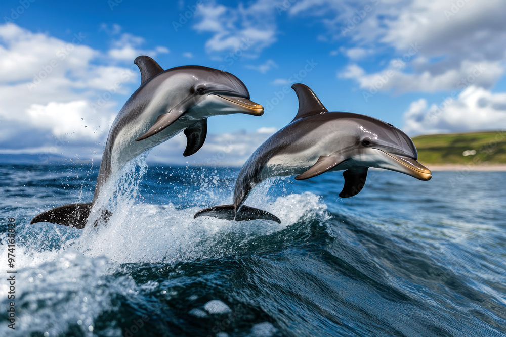 Fototapeta premium Two dolphins jumping out of the water. Scene is lively and energetic. The dolphins are in the ocean, and they are both jumping out of the water at the same time. The scene is dynamic