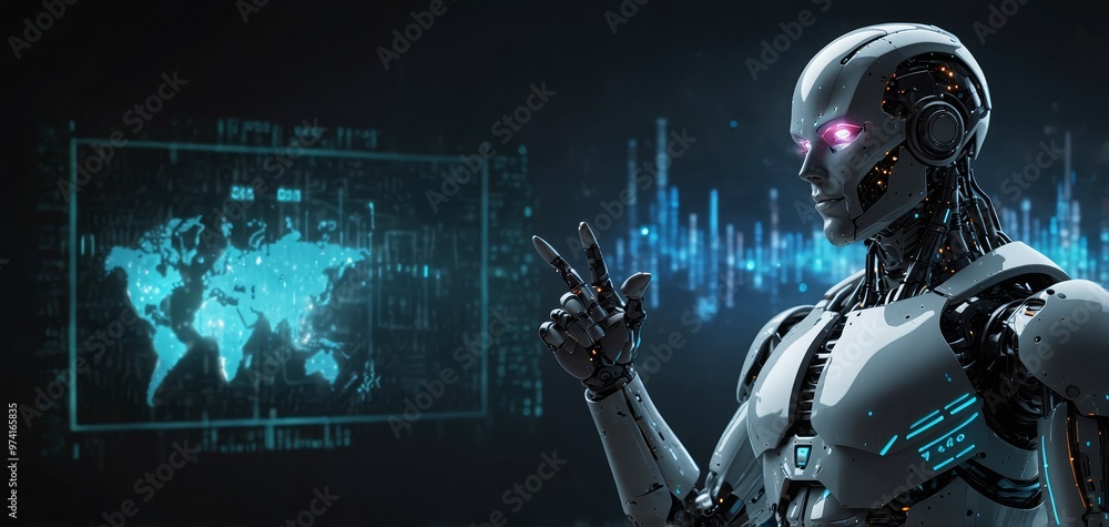 Cyber digital world android robot pointing finger computer coding AI chatbot background futuristic future digital technology artificial intelligence automated. Computer programming knowledge concept Cyber digital world android robot pointing finger computer coding AI chatbot background futuristic future digital technology artificial intelligence automated. Computer programming knowledge concept