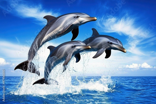 Three dolphins are leaping out of the water in a blue ocean. Scene is joyful and playful, as the dolphins seem to be having fun and enjoying their time in the water