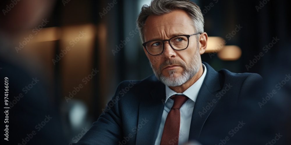 A focused businessman wearing glasses sits in a meeting room. His serious expression conveys determination and professionalism. The dark background adds depth to the moment. AI A focused businessman wearing glasses sits in a meeting room. His serious expression conveys determination and professionalism. The dark background adds depth to the moment. AI