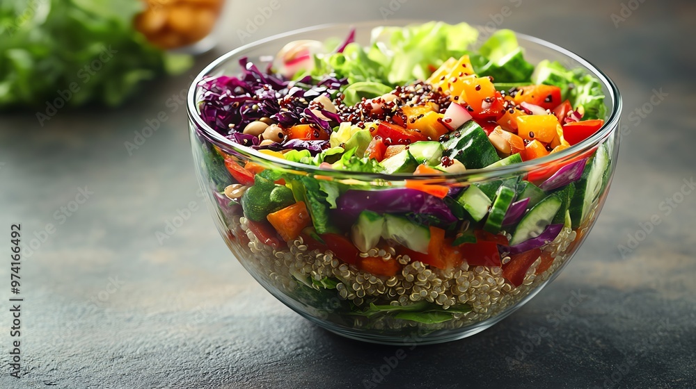 Colorful salad in a glass bowl, featuring fresh vegetables and quinoa, perfect for healthy eating and meal prep. Colorful salad in a glass bowl, featuring fresh vegetables and quinoa, perfect for healthy eating and meal prep.